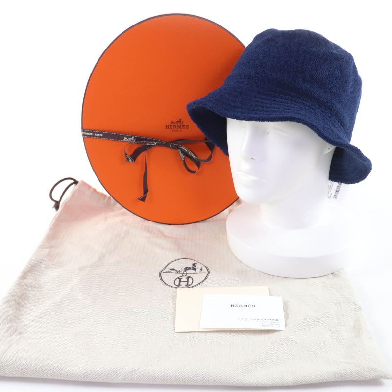 Hermes H Logo Embroidery Cotton Bucket Hat Navy
