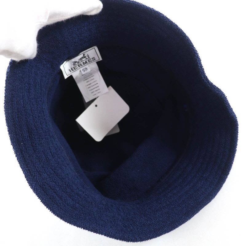 Hermes H Logo Embroidery Cotton Bucket Hat Navy