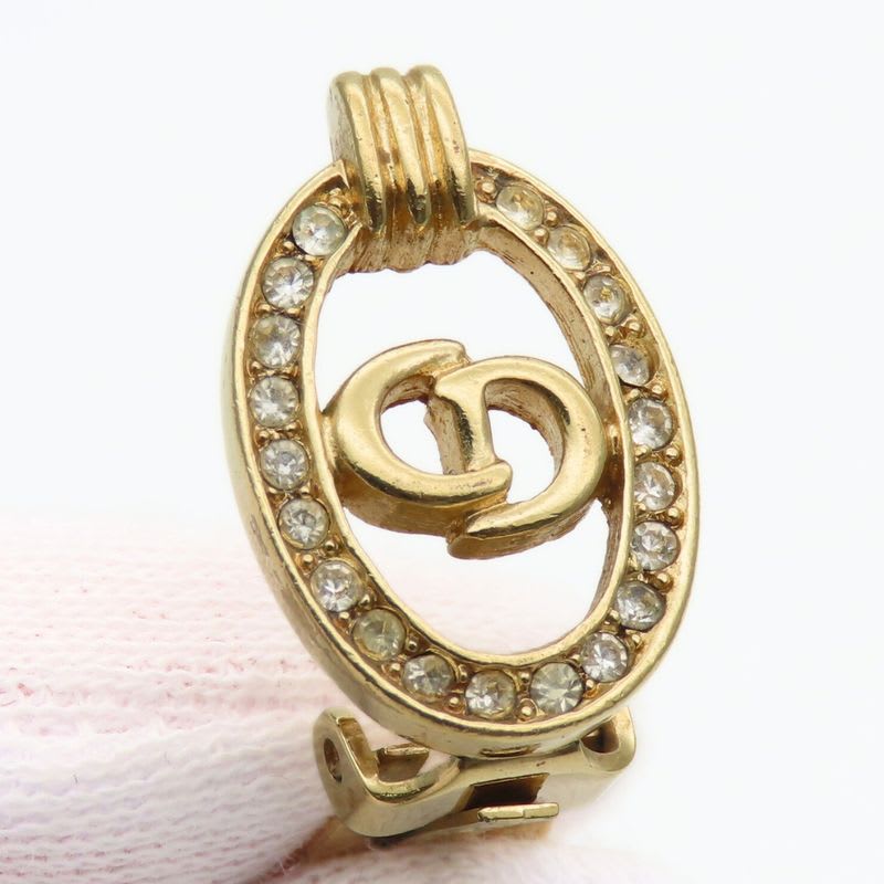 Christian Dior Earrings CD Logo Metal Rhinestone Gold Plated GP Accessories — view 5