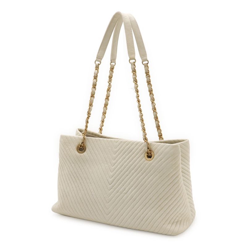 Chanel V Stitch Chevron Tote Bag Chain Shoulder Leather Ivory — view 3