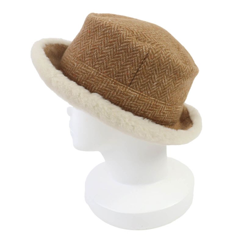 Hermes Herringbone Pattern Wool Cashmere Sheepskin Shearling Hat Brown 57 Box — view 4