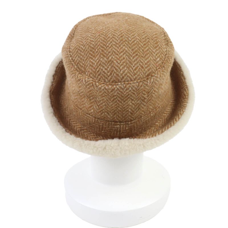 Hermes Herringbone Pattern Wool Cashmere Sheepskin Shearling Hat Brown 57 Box — view 5