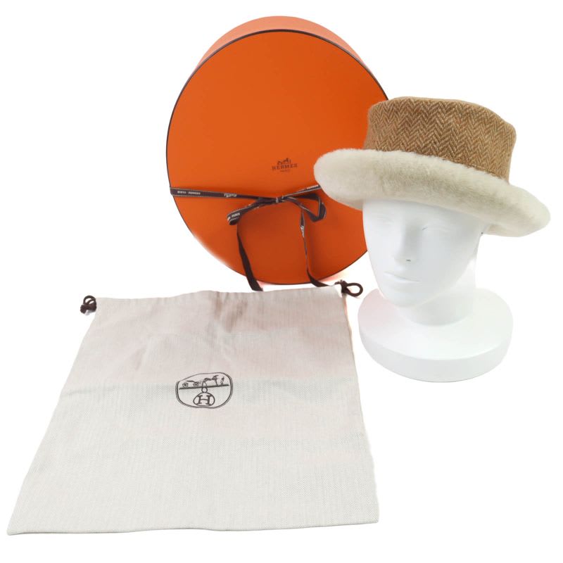 Hermes Herringbone Pattern Wool Cashmere Sheepskin Shearling Hat Brown 57 Box — view 2