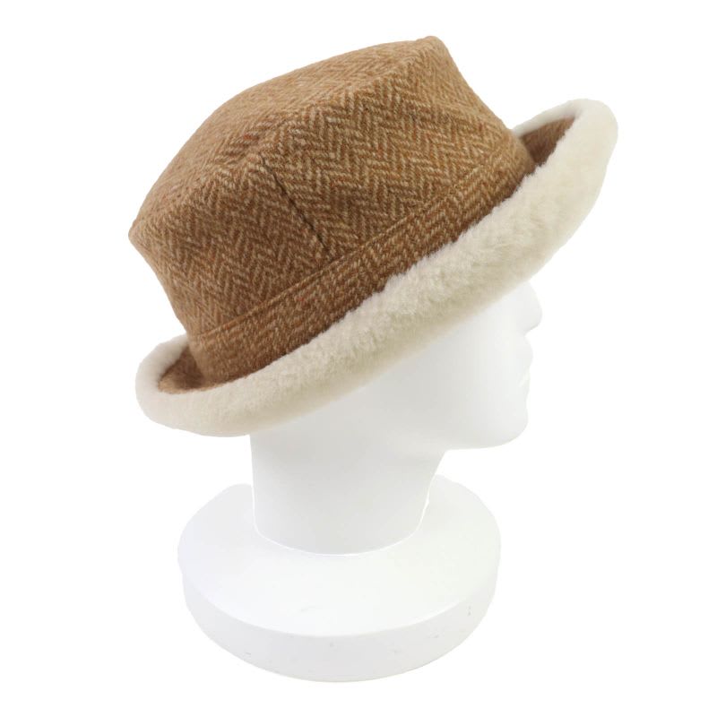 Hermes Herringbone Pattern Wool Cashmere Sheepskin Shearling Hat Brown 57 Box — view 6