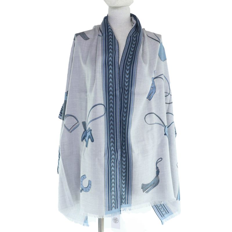 Hermes ET GRIS Rectangle Cashmere Silk Chine CIEL BLEU Shawl — view 5