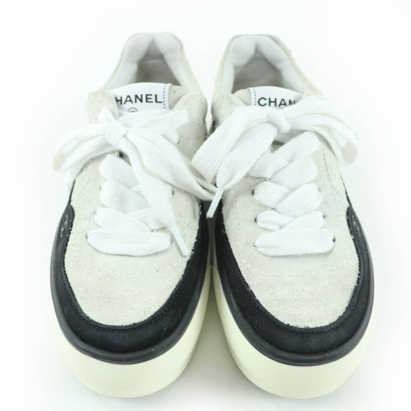 Chanel Coco Mark Lace Up Suede Leather Low-cut Sneakers White — view 3