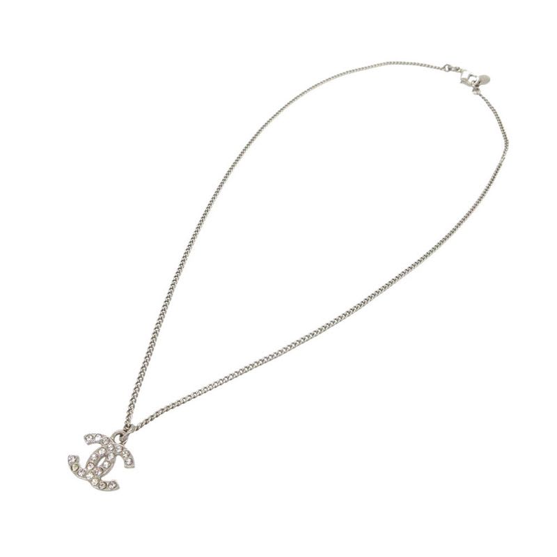 Chanel Coco Mark C12 V Necklace Metal Rhinestone Silver 0548 — view 3
