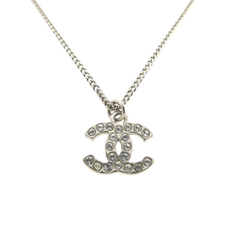 Chanel Coco Mark C12 V Necklace Metal Rhinestone Silver 0548 — view 4