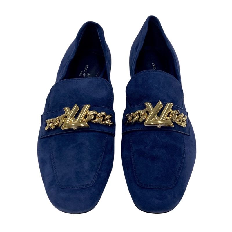Louis Vuitton Upper Case Line Loafer Leather Shoes Suede Navy Gold Chain — view 2