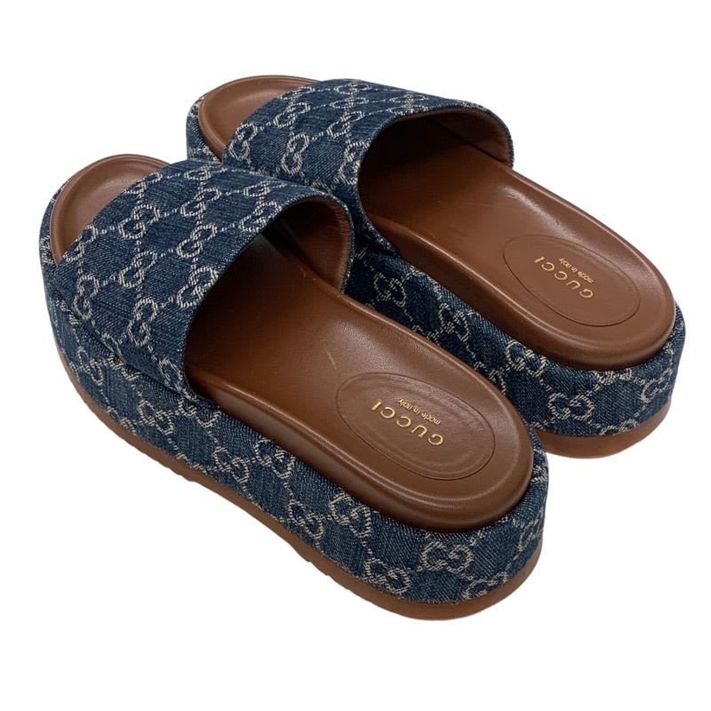 Gucci Sandals Shoes Denim Blue Brown GG Logo Platform Flat Mules — view 4