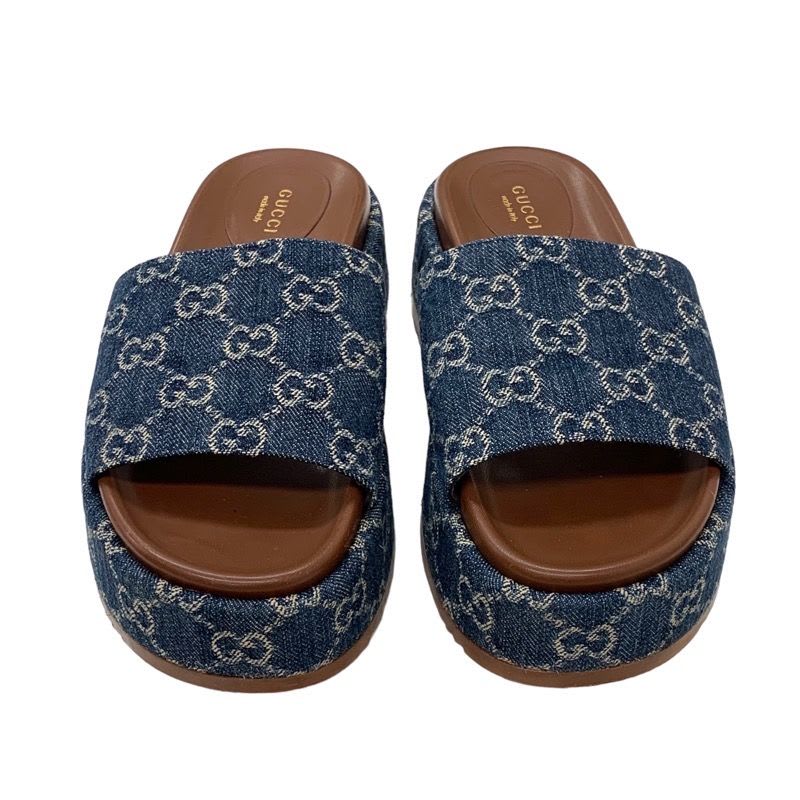 Gucci Sandals Shoes Denim Blue Brown GG Logo Platform Flat Mules — view 2