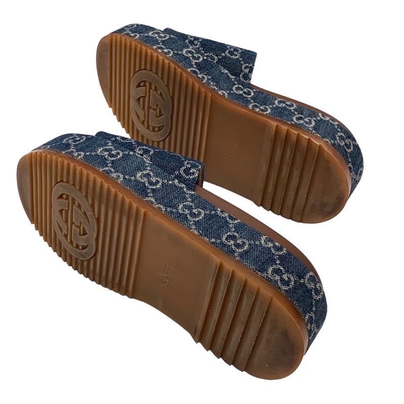 Gucci Sandals Shoes Denim Blue Brown GG Logo Platform Flat Mules — view 6