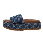 Gucci Sandals Shoes Denim Blue Brown GG Logo Platform Flat Mules — view 3