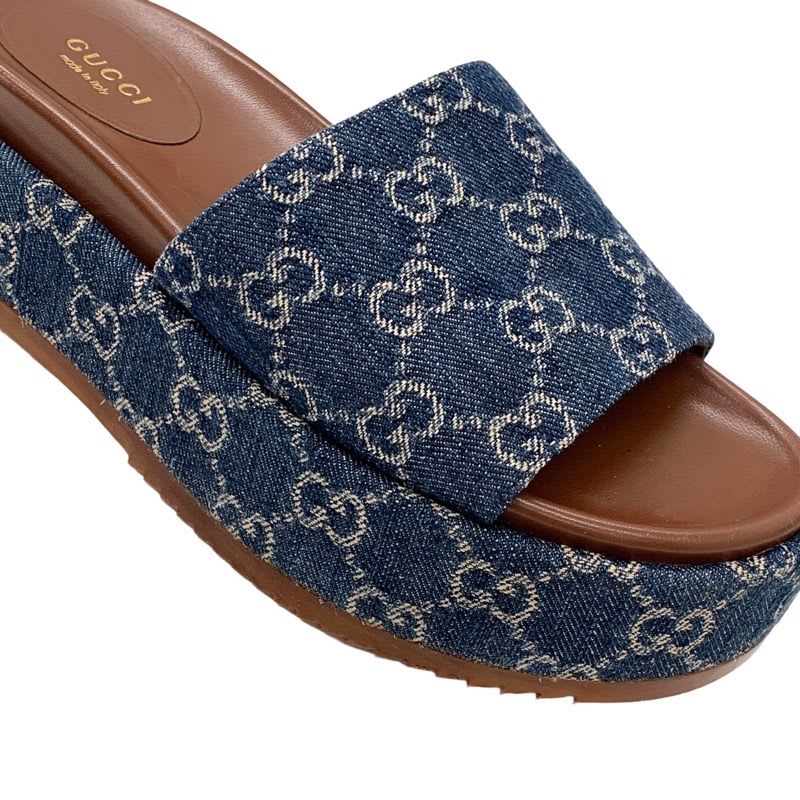 Gucci Sandals Shoes Denim Blue Brown GG Logo Platform Flat Mules — view 9