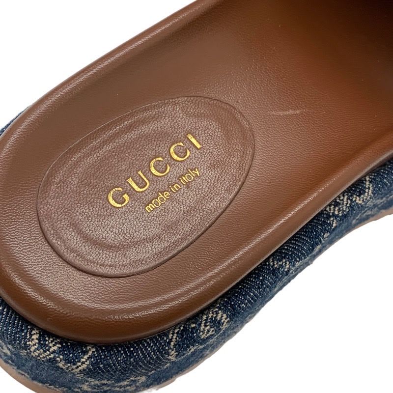 Gucci Sandals Shoes Denim Blue Brown GG Logo Platform Flat Mules — view 7