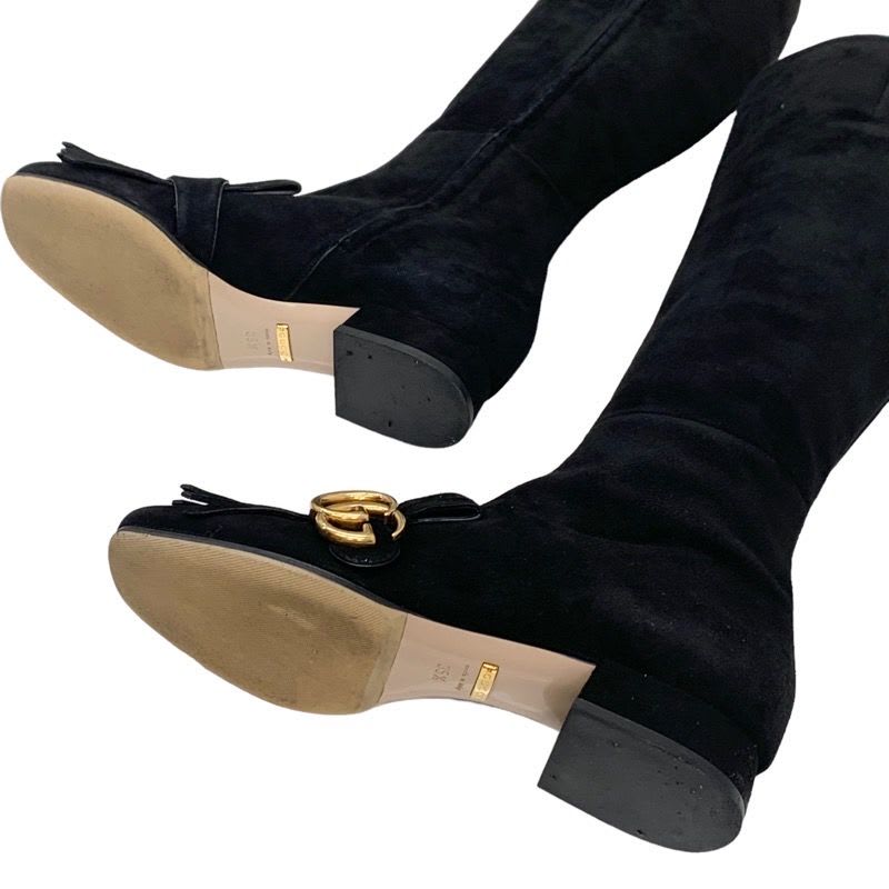 Gucci Double G Boots Long Shoes GG Marmont Fringe Suede Black — view 6