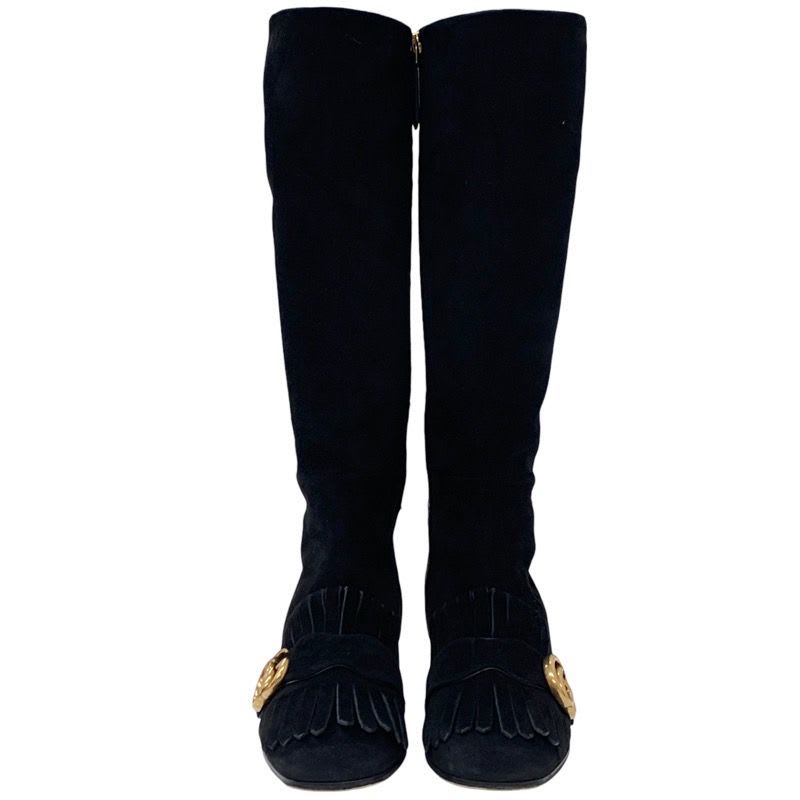 Gucci Double G Boots Long Shoes GG Marmont Fringe Suede Black — view 2
