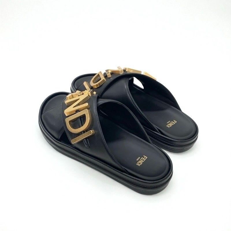 Fendi Sandals Shoes Leather Black Gold Logo Flat — view 4