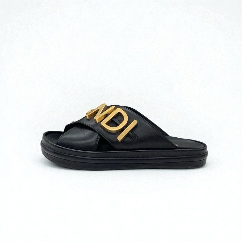Fendi Sandals Shoes Leather Black Gold Logo Flat — view 2