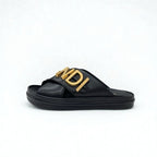 Fendi Sandals Shoes Leather Black Gold Logo Flat — view 2
