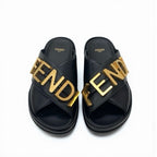 Fendi Sandals Shoes Leather Black Gold Logo Flat — view 3