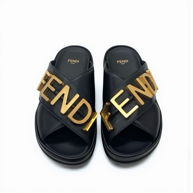 Fendi Sandals Shoes Leather Black Gold Logo Flat — view 3