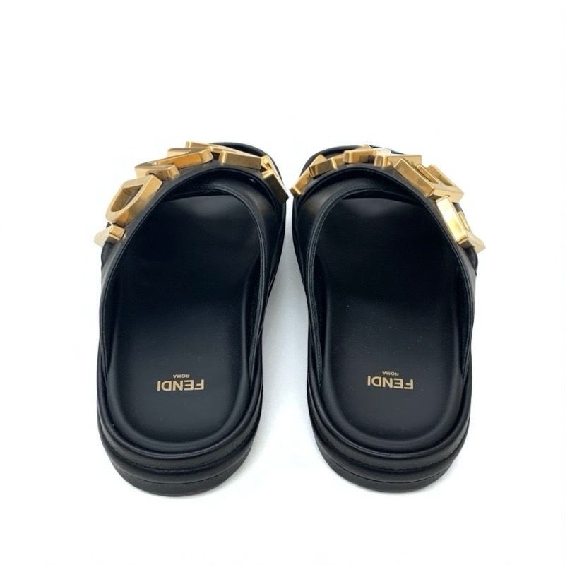 Fendi Sandals Shoes Leather Black Gold Logo Flat — view 5