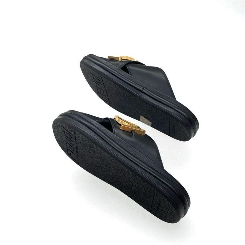 Fendi Sandals Shoes Leather Black Gold Logo Flat — view 6