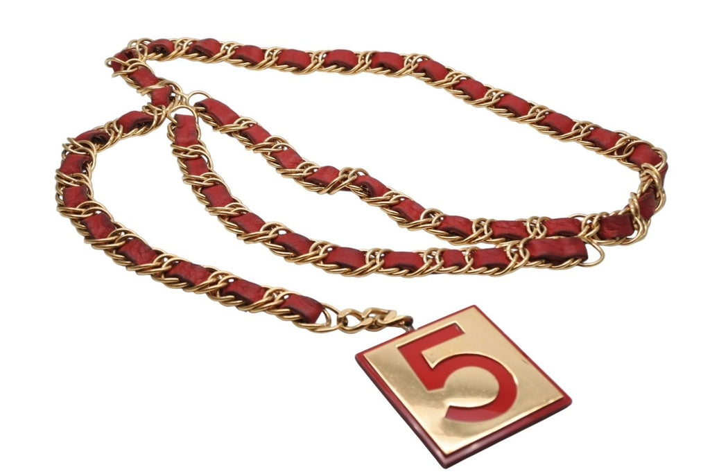 Chanel Vintage Chain Belt CC Logo No 5 Leather Metal Gold Plated