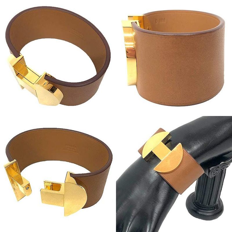 Hermes 2002 Bracelet T2 Size Bangle Leather Camel Gold D Stamp — view 3