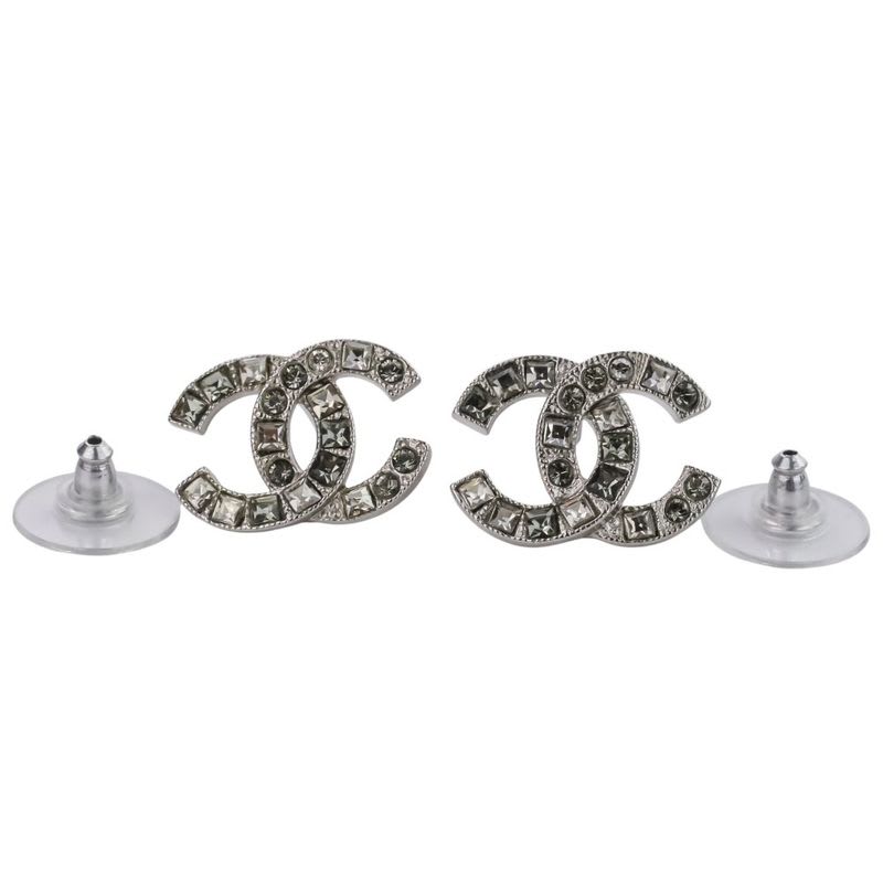 Chanel V Rhinestone Coco Mark Earrings Silver Color — view 9