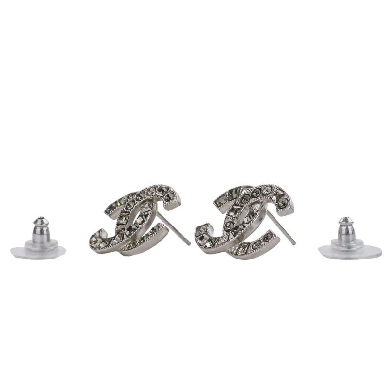 Chanel V Rhinestone Coco Mark Earrings Silver Color — view 8