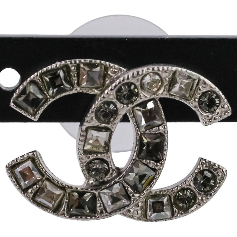 Chanel V Rhinestone Coco Mark Earrings Silver Color — view 6