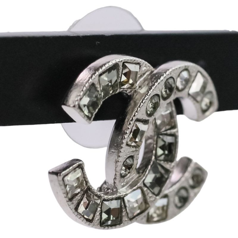 Chanel V Rhinestone Coco Mark Earrings Silver Color — view 5
