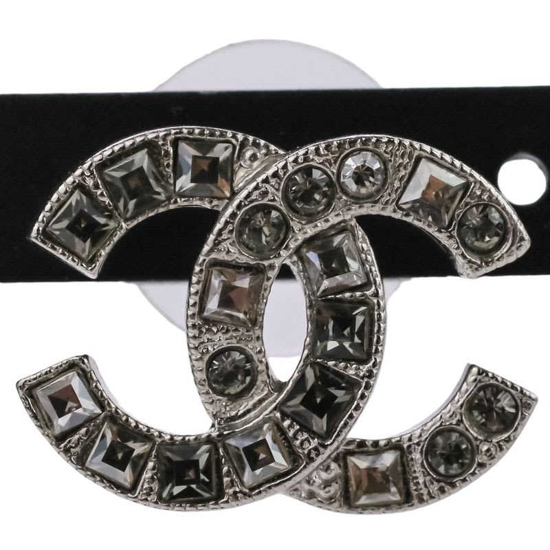 Chanel V Rhinestone Coco Mark Earrings Silver Color — view 7