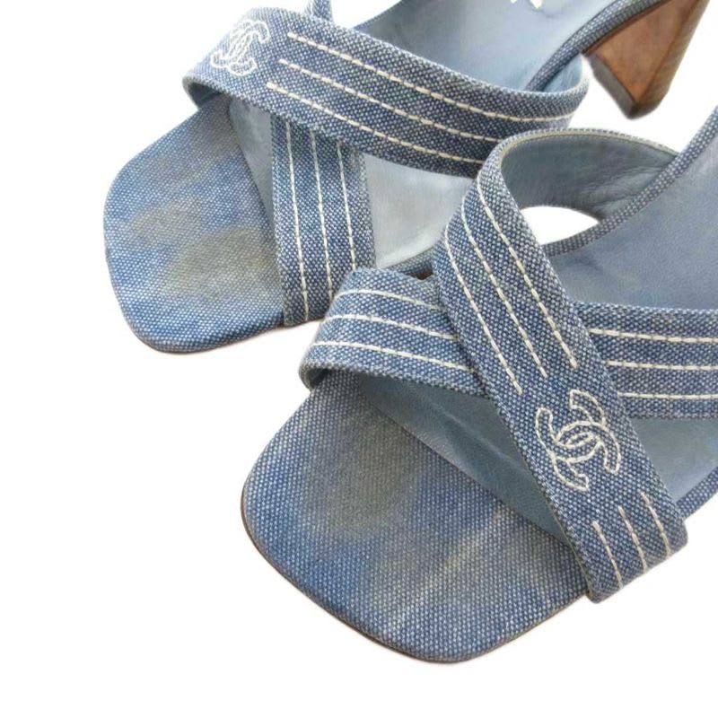Chanel Coco Mark Denim Mule Heel Sandals Square Toe Canvas 37 Blue GV GY62 — view 4