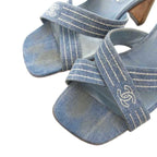 Chanel Coco Mark Denim Mule Heel Sandals Square Toe Canvas 37 Blue GV GY62 — view 4