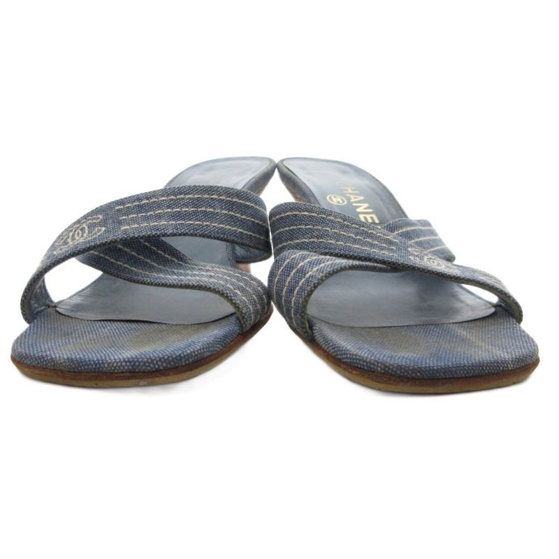 Chanel Coco Mark Denim Mule Heel Sandals Square Toe Canvas 37 Blue GV GY62 — view 5