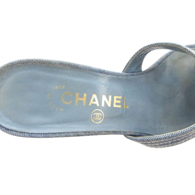 Chanel Coco Mark Denim Mule Heel Sandals Square Toe Canvas 37 Blue GV GY62 — view 7