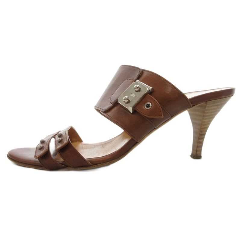 Hermes Leather Wide Belt Strap Sandals Mule Silver Hardware 36 Brown GV GY62 — view 2