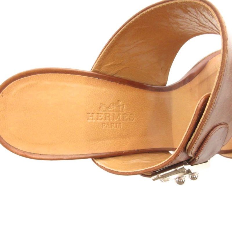 Hermes Leather Wide Belt Strap Sandals Mule Silver Hardware 36 Brown GV GY62 — view 7
