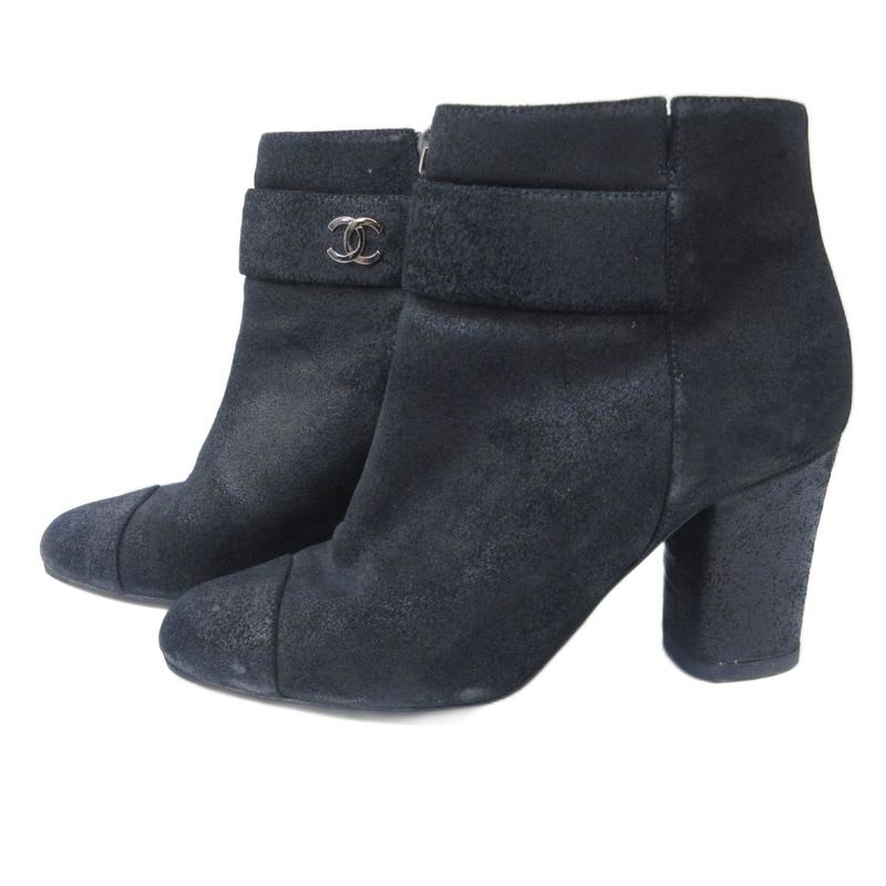 Chanel Suede Coco Mark Short Boots Heel Side Zip Black 36 — view 2