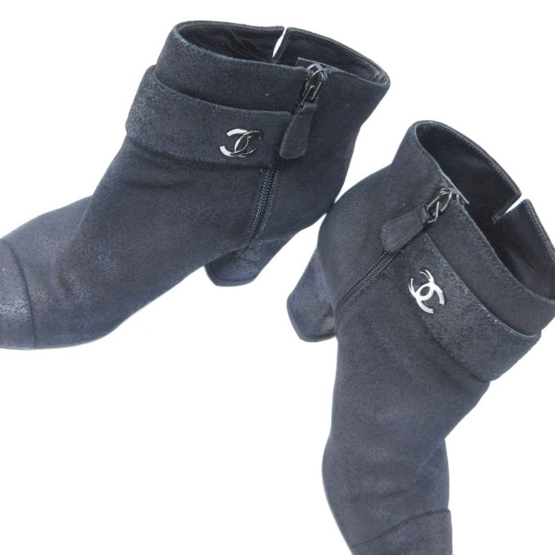 Chanel Suede Coco Mark Short Boots Heel Side Zip Black 36 — view 3