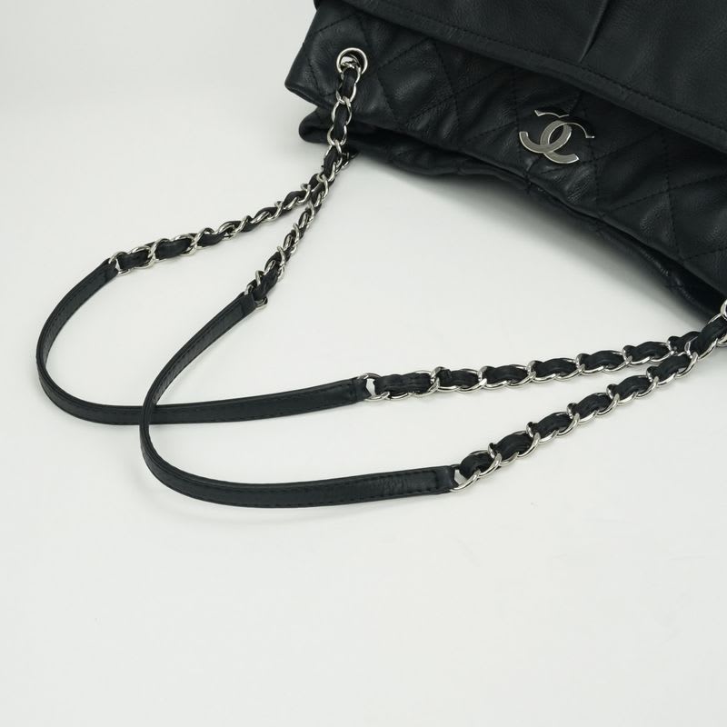 Chanel Quilted Bag Tote Leather Black Silver Hardware Coco — view 5