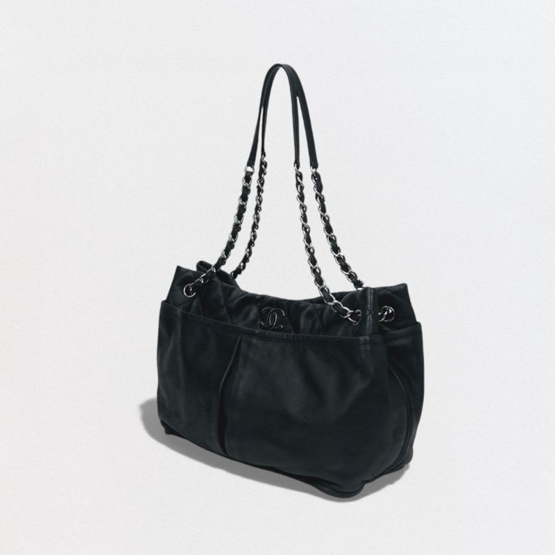 Chanel Quilted Bag Tote Leather Black Silver Hardware Coco — view 3