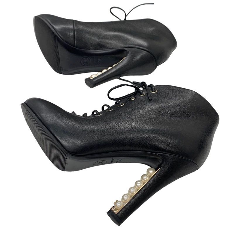 Chanel Boots Short Booties Lace Up Coco Mark Pearl Leather Black — view 6