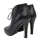 Chanel Boots Short Booties Lace Up Coco Mark Pearl Leather Black — view 4