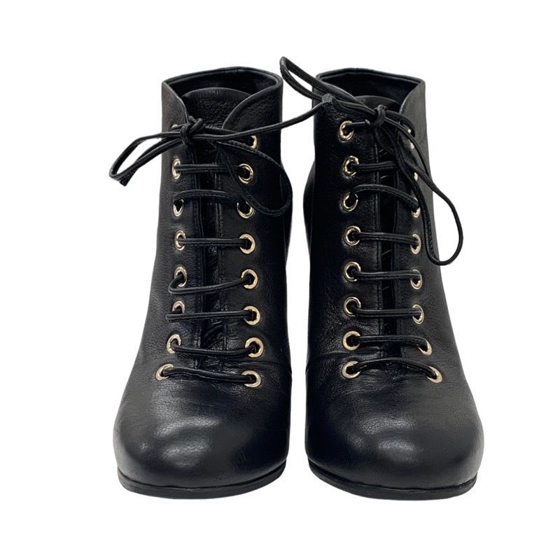 Chanel Boots Short Booties Lace Up Coco Mark Pearl Leather Black — view 2