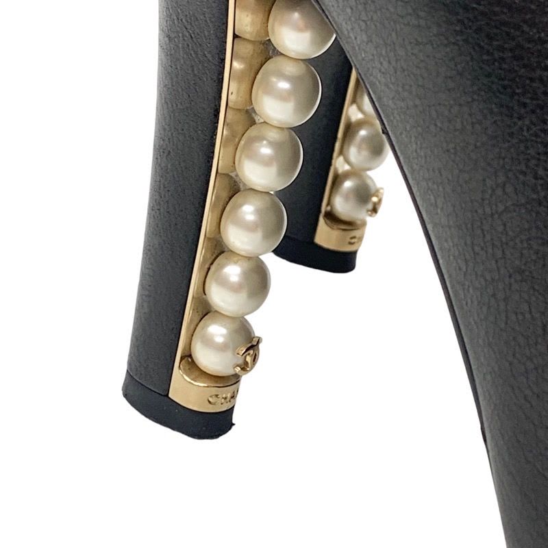 Chanel Boots Short Booties Lace Up Coco Mark Pearl Leather Black — view 8