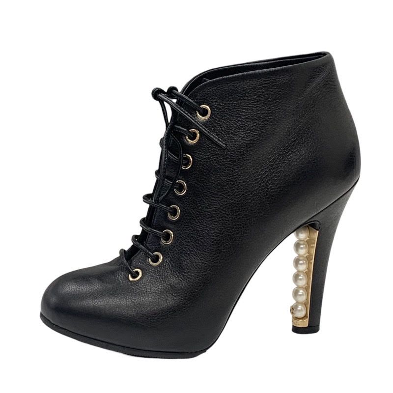 Chanel Boots Short Booties Lace Up Coco Mark Pearl Leather Black — view 3